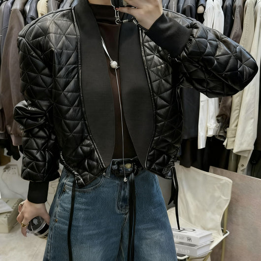 Chaqueta de Cuero PU Acolchada a Cuadros - Estilo Desenfadado y Cálido - Image 3