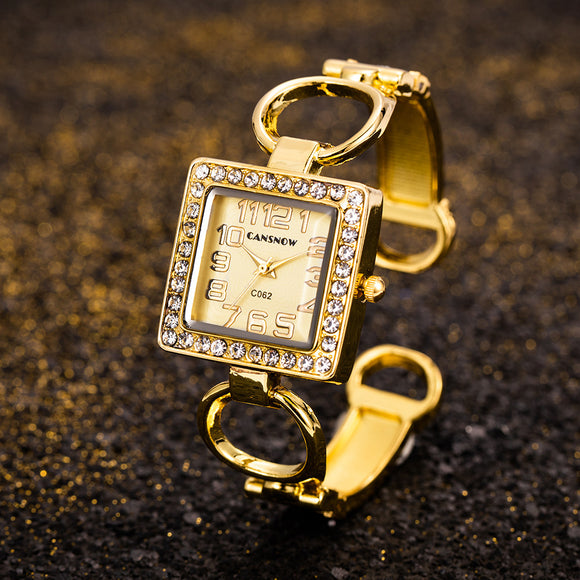 Pulsera de Acero Inoxidable con Cristales y Reloj Cuadrado
