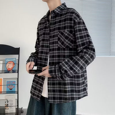 Camisa de Cuadros Negra Suelta y Casual de Manga Larga para Hombre - Image 7