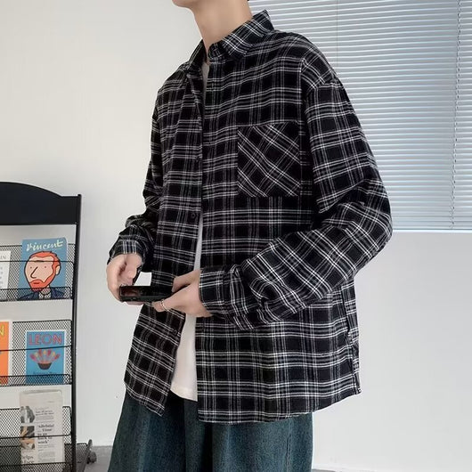 Camisa de Cuadros Negra Suelta y Casual de Manga Larga para Hombre - Image 7