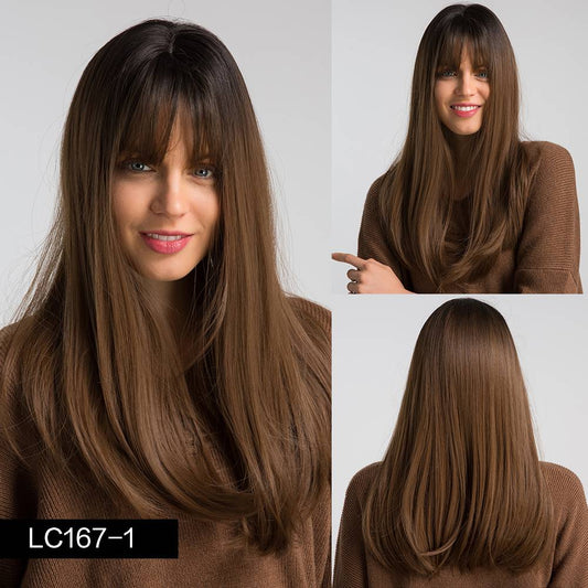 Peluca Larga Degradado Negro a Castaño - Cabello Liso Natural