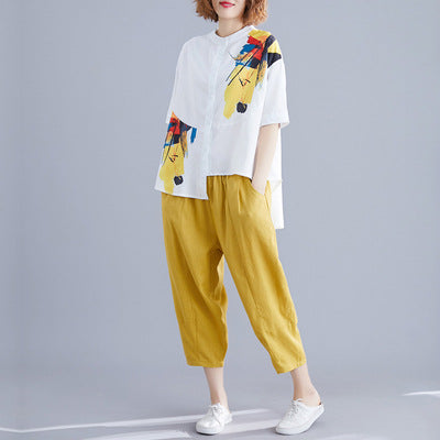 Conjunto de Lino Mujer Talla Grande: Blusa Chiffon y Pantalón Ancho Casual