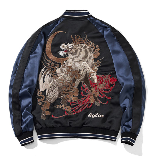 Chamarra Beisbolera Casual para Hombre con Bordado de Bestia Mitológica Qilin - Image 4