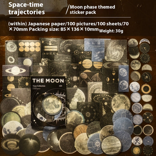 A collection of retro-style washi stickers featuring moon phases, planets, and celestial designs in various shapes and sizes. - Image 8