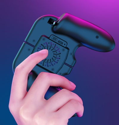 Red and blue smartphone game controller grip with integrated cooling fan and metal trigger buttons, connected to a white USB cable. - Image 10