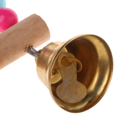Colorful wooden bird swing with an arched top made of rainbow beads, a natural wood perch, and two small bells. - Image 6