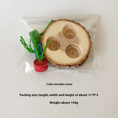 Wooden pet foraging snack box with three colorful pegs (blue, red, green) and green string 'stems' for rabbits and guinea pigs. - Image 16