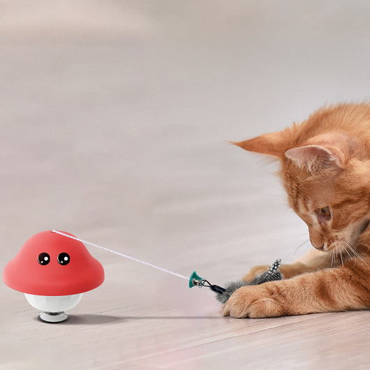 Red and white mushroom-shaped cat toy with cartoon eyes, a green loop, and a suction cup base, showing dimensions. - Image 4