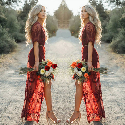 Vestido Largo Elegante con Escote Profundo y Mangas de Encaje Transparente