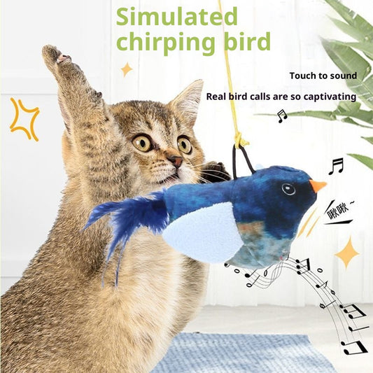 Plush bird cat toy with orange chest, brown body, and real speckled feathers, includes a yellow hanging rope.