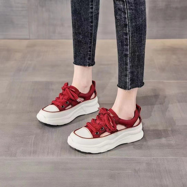 Sandalias Plataforma Mujer con Diseño Calado y Cordones