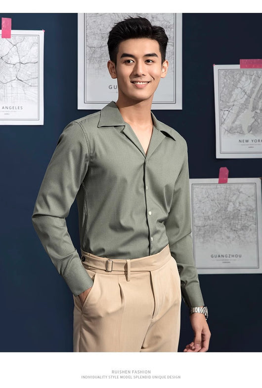Camisa Casual de Negocios Cuello Cubano Manga Larga para Hombre - Image 14