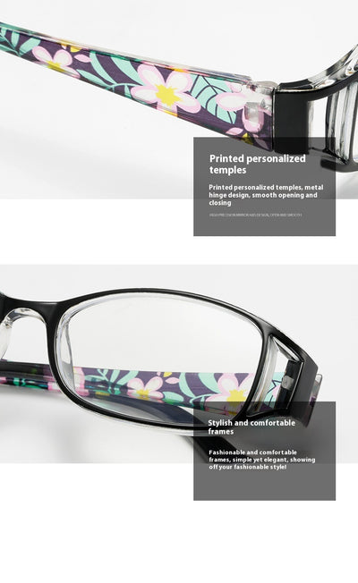 Women's lightweight fashion reading glasses with a red frame and colorful floral print temples. - Image 11
