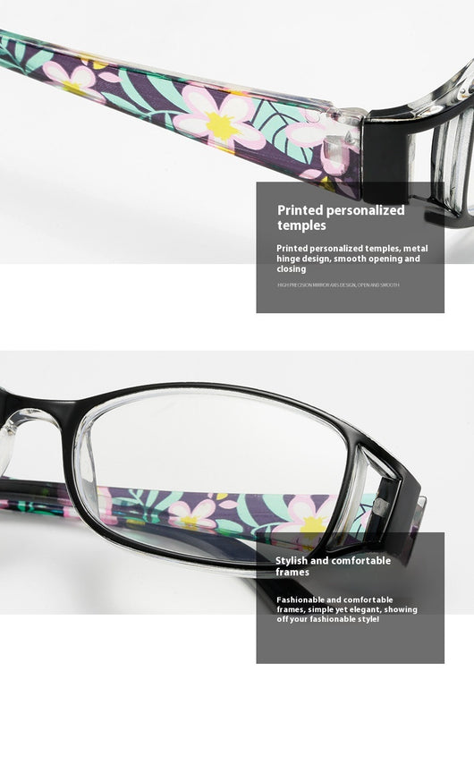 Women's lightweight fashion reading glasses with a red frame and colorful floral print temples. - Image 11