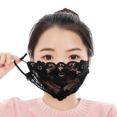 Black lace face mask with embroidered floral pattern and adjustable ear loops, designed for ladies. - Image 8