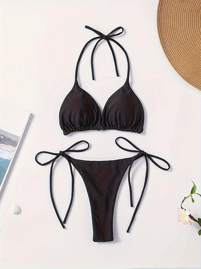 Red solid color two-piece bikini swimsuit with a halter tie-top and adjustable tie-side thong bottom. - Image 20
