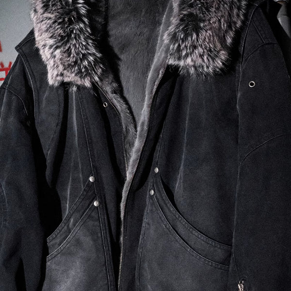 Chaqueta de Lona Lavada con Cuello de Piel y Tallado de Montaña Dividida