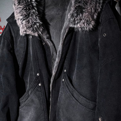 Chaqueta de Lona Lavada con Cuello de Piel y Tallado de Montaña Dividida - Image 2