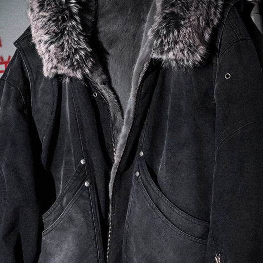 Chaqueta de Lona Lavada con Cuello de Piel y Tallado de Montaña Dividida - Image 2