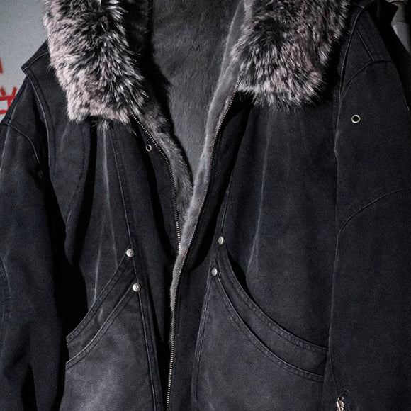 Chaqueta de Lona Lavada con Cuello de Piel y Tallado de Montaña Dividida