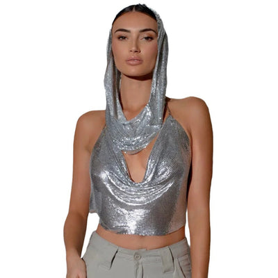 Conjunto de Dos Piezas: Top con Abertura Trasera y Lentejuelas Metálicas + Pañoleta - Image 5