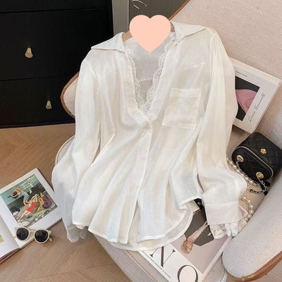 Blusa Larga de Manga Larga con Paneles de Encaje Efecto Dos Piezas - Image 9