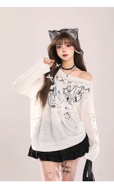Sudadera Tejida con Encaje en Hombros y Diseño Graffiti Retro para Mujer - Image 21