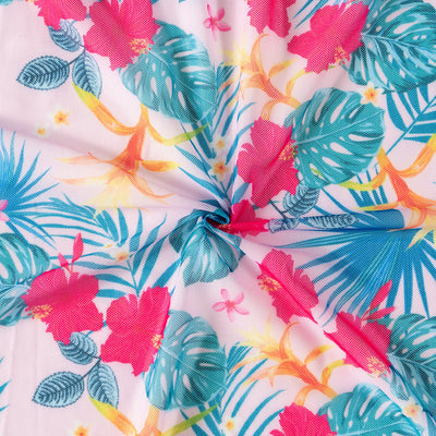 Multicolor tropical print three-piece swimsuit set with high-waisted bikini and sheer mesh cover-up on a beach. - Image 33