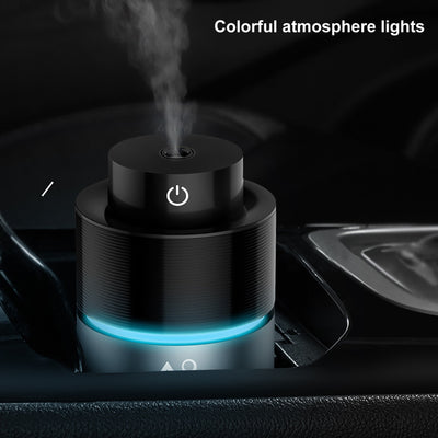White car mini spray air purifying humidifier with a yellow light ring and a power button icon. - Image 6