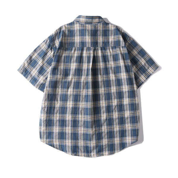 Camisa Retro Japonesa a Cuadros Lavada - Manga Corta Verano