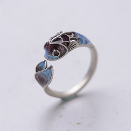 Anillo de Plata S925 Carpa Koi Azul Esmaltado Estilo Retro