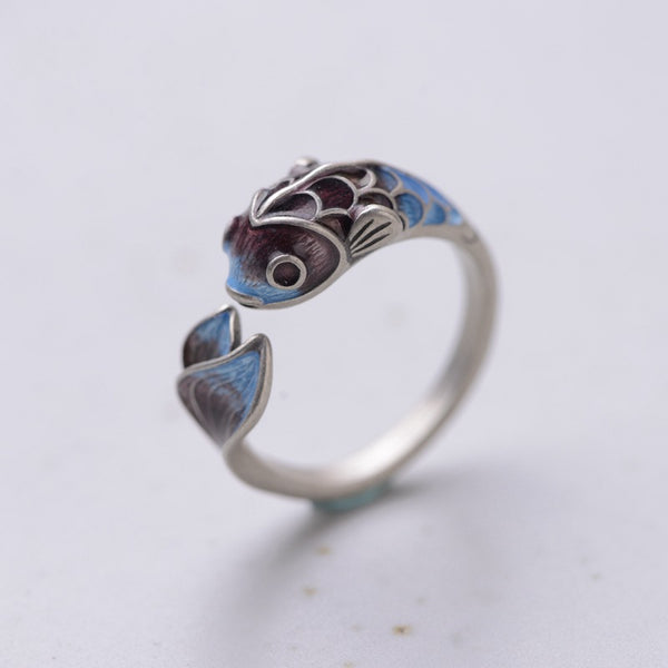 Anillo de Plata S925 Carpa Koi Azul Esmaltado Estilo Retro