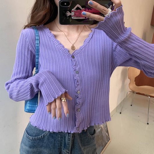 Cardigan de Protección Solar Primavera-Otoño con Textura de Oreja de Madera para Mujer - Image 3