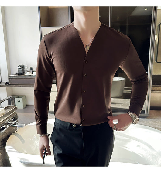 Camisa de Cuello V Manga Larga con Textura Waffle para Hombre - Image 35