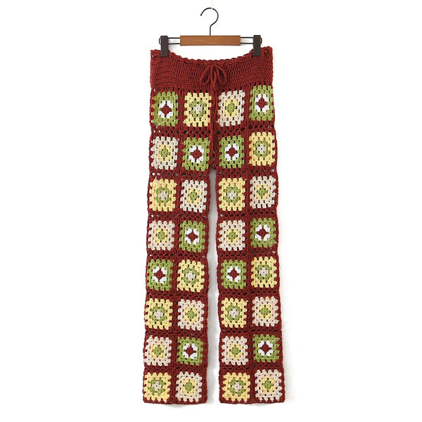 Pantalones Tejidos a Mano con Patrón Floral Colorido para Mujer