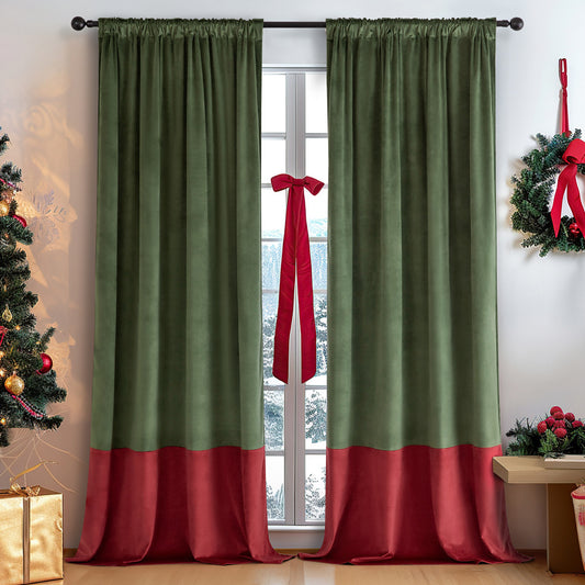 Two-tone olive green and red velvet curtains with rod pockets, hung on a black rod in a Christmas-decorated room.