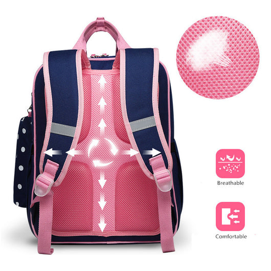 Blue kids' school backpack with white star pattern, front pocket, and matching pencil case. Measures 40x30x13cm. - Image 15