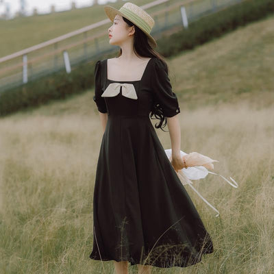 Vestido Retro Francés con Escote Cuadrado y Lazo - Image 4