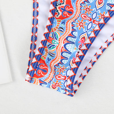 Retro 4-color printed women's bikini with red, blue, and white paisley pattern, featuring a triangle top and high-cut bottom. - Image 18