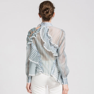 Blusa Corta Mujer Primavera Verde Rayas Organza Transparente Cuello Alto Patchwork Sexy - Image 9