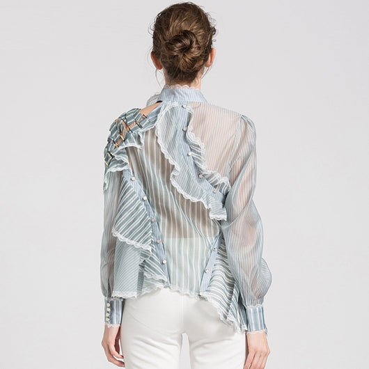 Blusa Corta Mujer Primavera Verde Rayas Organza Transparente Cuello Alto Patchwork Sexy - Image 9