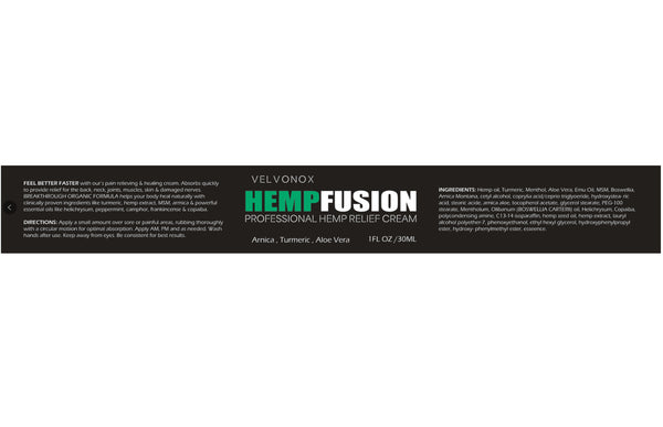 Velvonox HempFusion Professional Hemp Relief Cream label, 1 fl oz, with Arnica, Turmeric, and Aloe Vera. - Image 2
