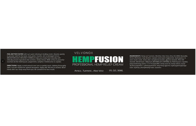 Velvonox HempFusion Professional Hemp Relief Cream label, 1 fl oz, with Arnica, Turmeric, and Aloe Vera. - Image 2