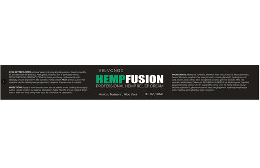 Velvonox HempFusion Professional Hemp Relief Cream label, 1 fl oz, with Arnica, Turmeric, and Aloe Vera. - Image 2