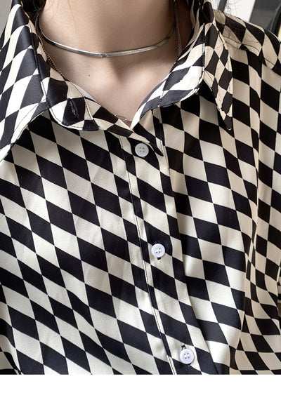 Polo Cuadros Blanco y Negro Mujer Manga Corta Suelta Estilo Casual - Image 11