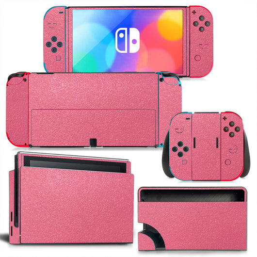 Yellow textured vinyl skin set for Nintendo Switch OLED console, Joy-Cons, and dock, shown disassembled. - Image 8