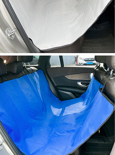 Pink car pet mat with white paw print and bone patterns, featuring black straps for securing to a rear seat. - Image 29