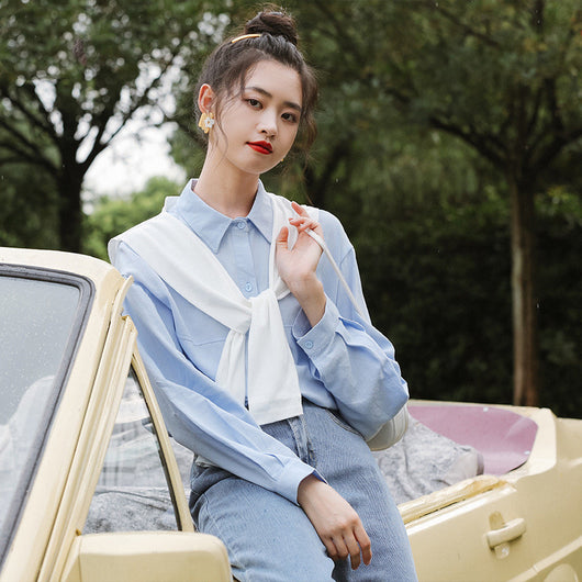 Camisa Azul Manga Larga Estilo Relajado para Mujer - Image 10