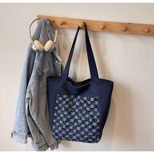 Bolsa Tote de Mezclilla Lavada con Patrón Escocés y Gran Capacidad - Image 28