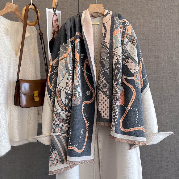 Bufanda de Imitación Cashmere con Estampado de Caballos - Versión Extendida y Reforzada